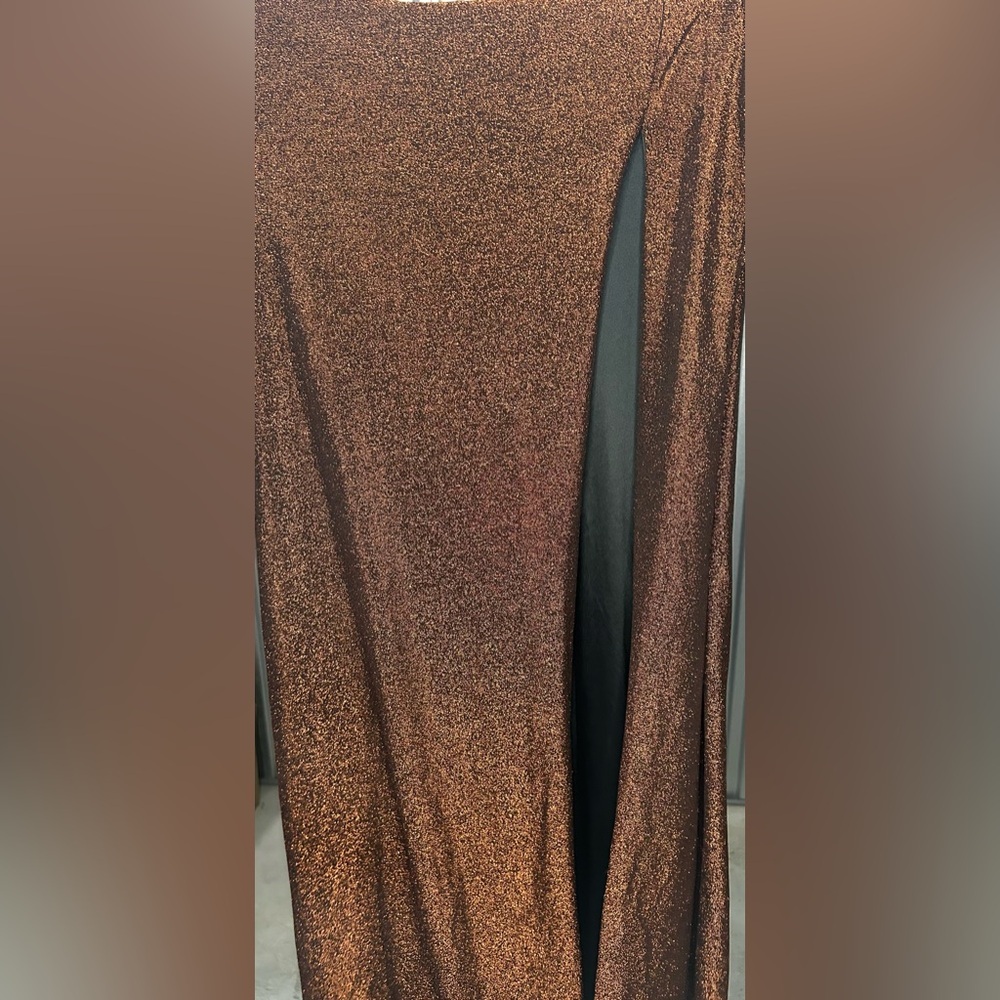 Women’s Jules & Cleo Design Nylon Metallic Spandex Orange Formal Maxi Slit Dress - Picture 9 of 9